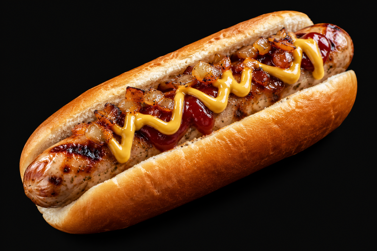 Illustrative grilled chicken hot dog with mustard, sauce and caramelised onions