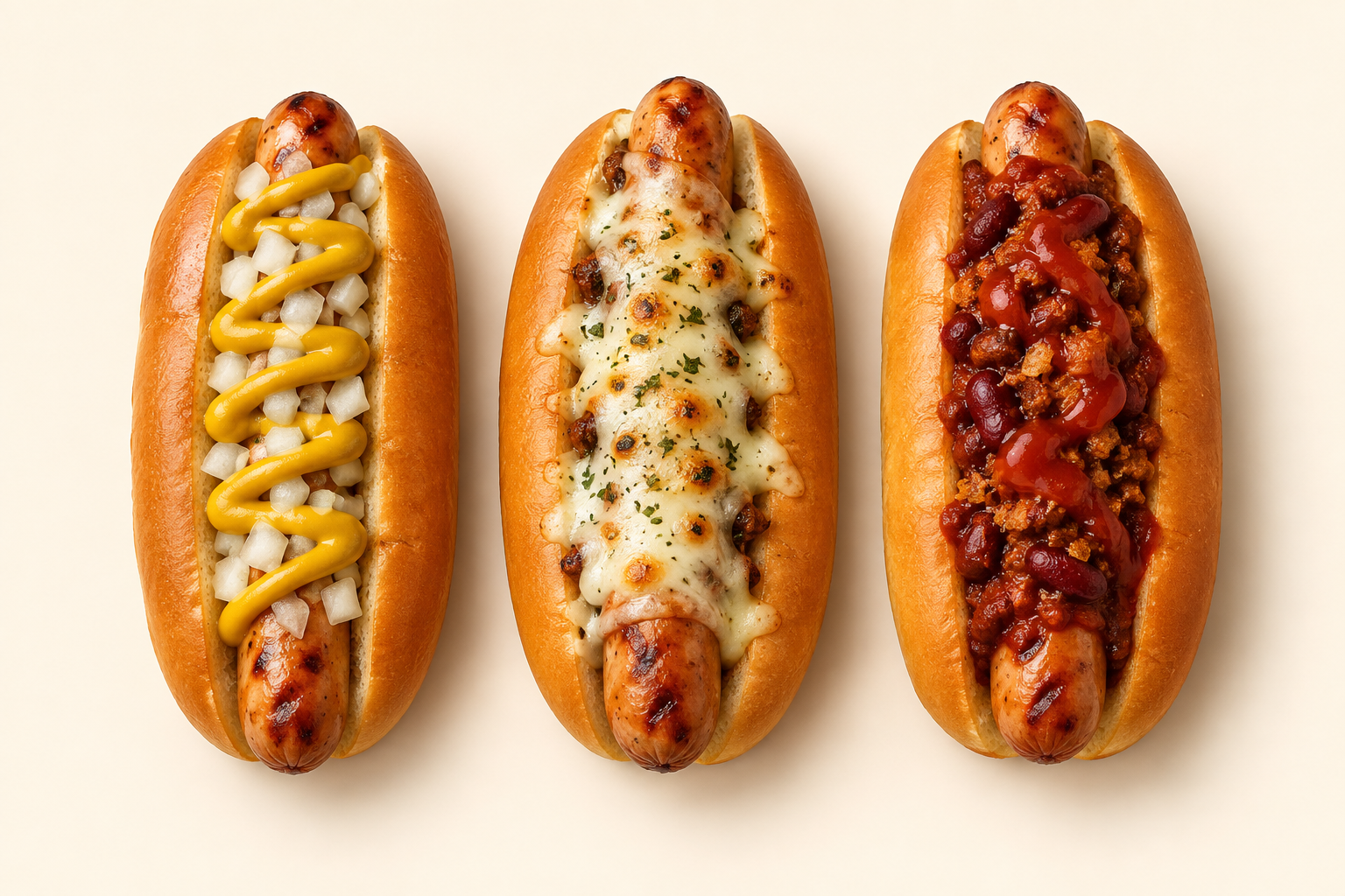 Illustrative classic, cheesy and chili hot dogs, shown without packaging