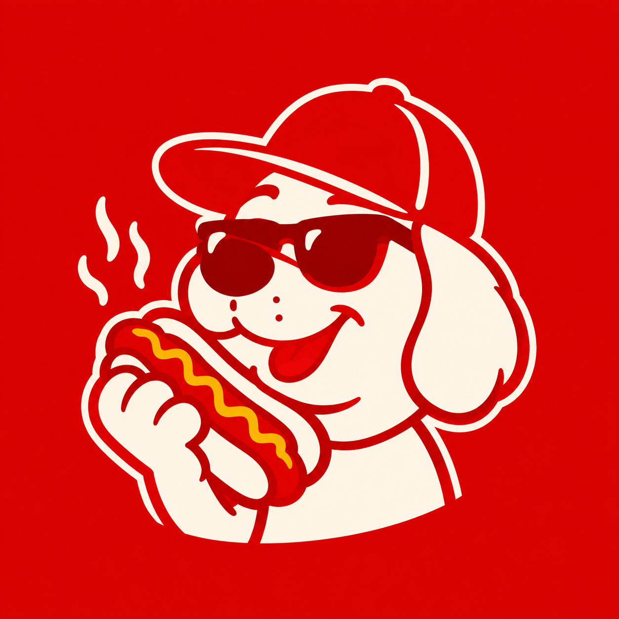 Sudu, our smiling dog mascot wearing a cap and sunglasses